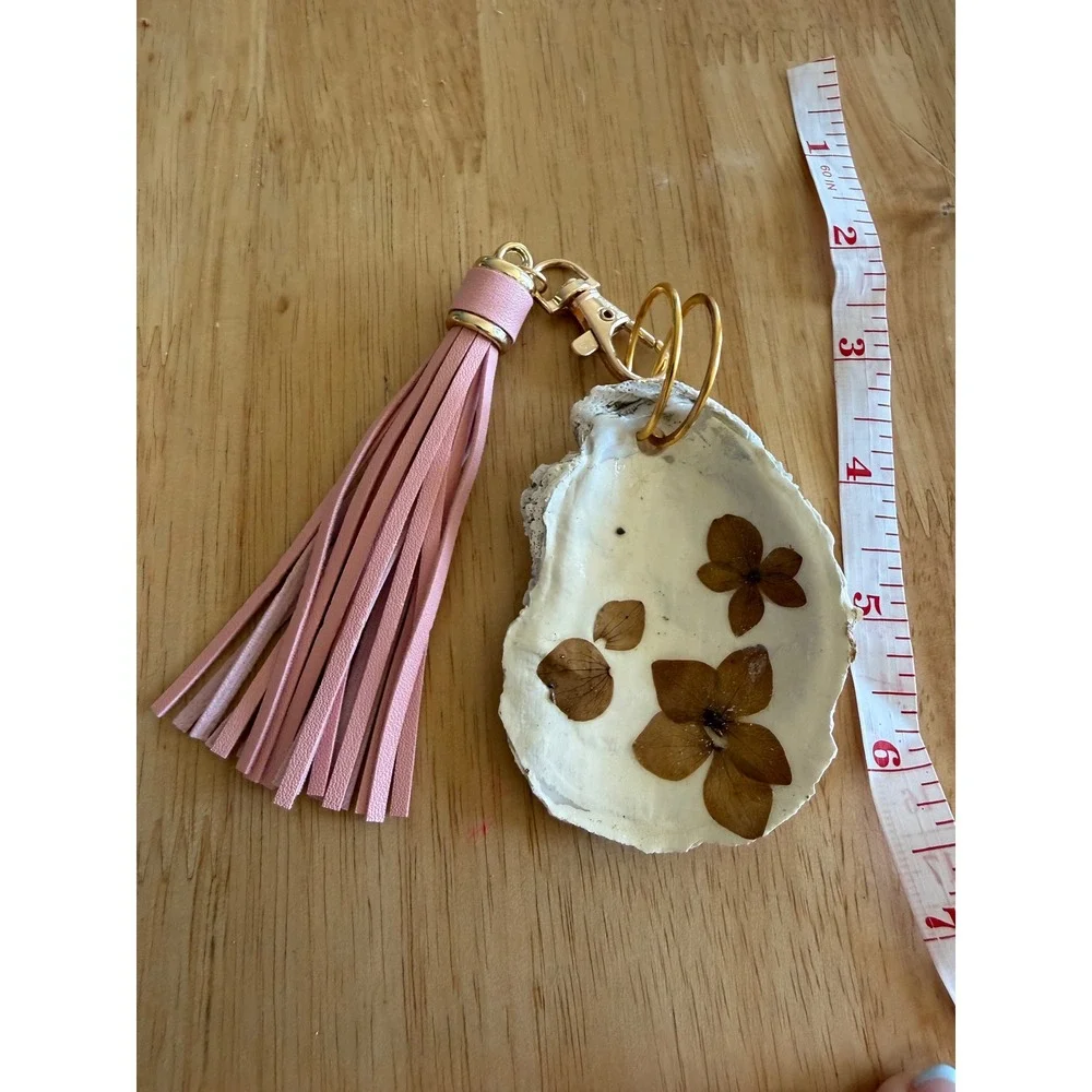 Handmade Oyster Shell Keychain Pink Tassel Dried Pressed Flowers Gold Hardware
